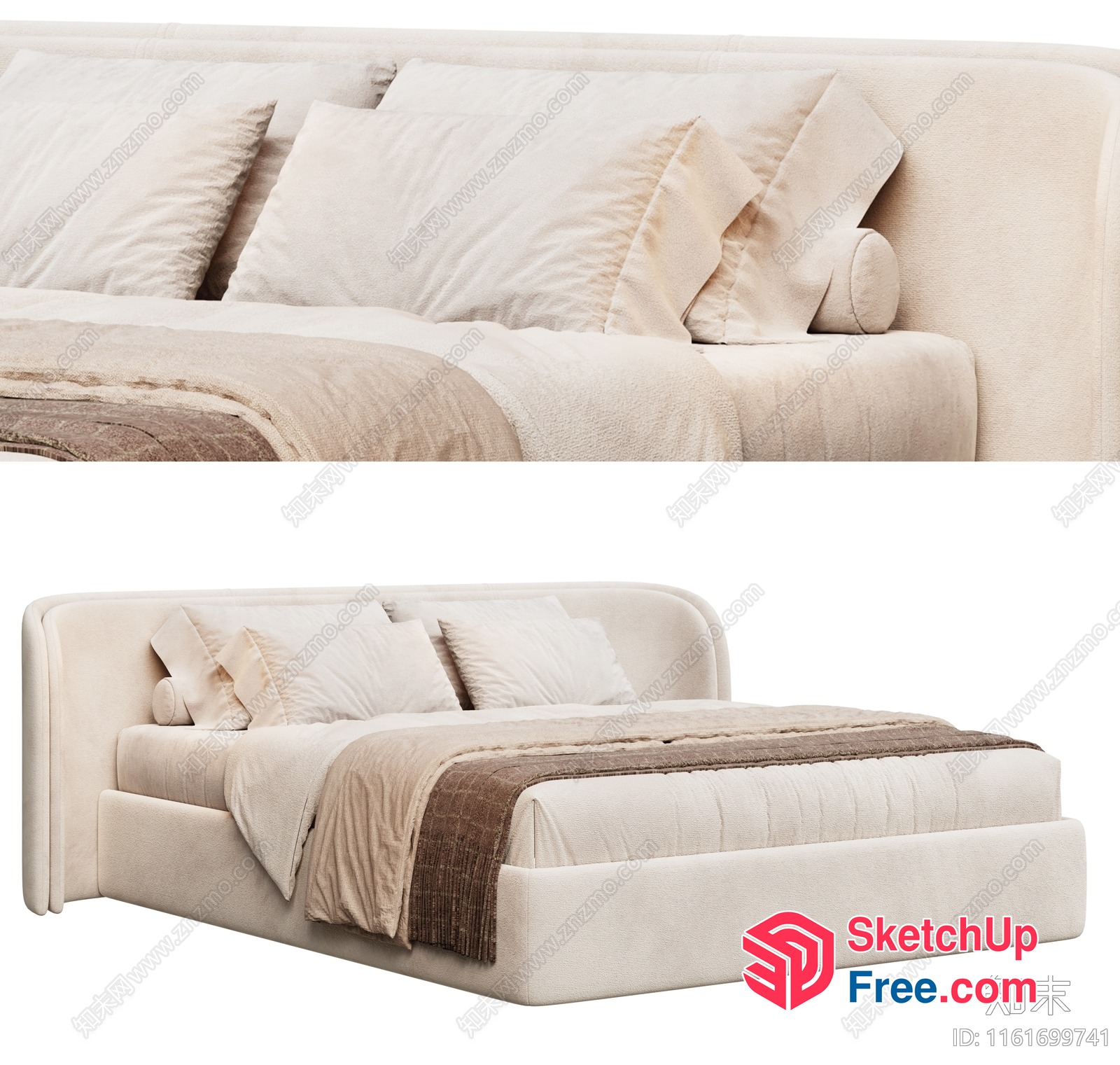 Creamy Style Bed With Pillows And Blanket 3D SketchUp File
