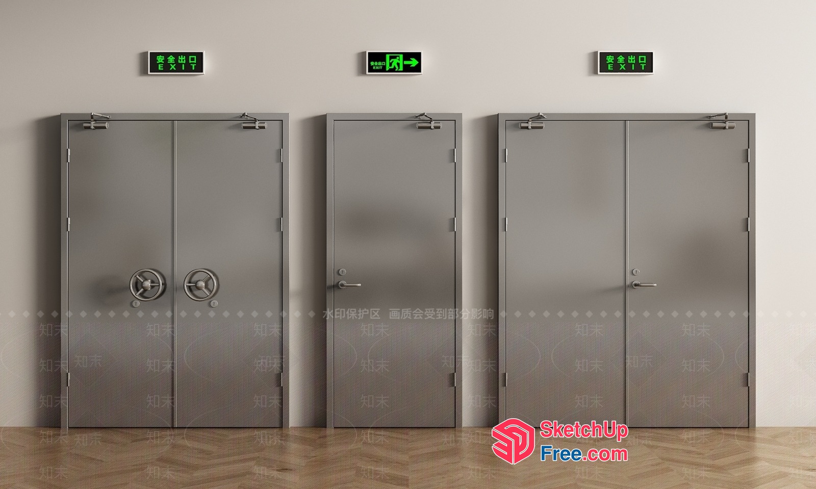 Three Large Metal Doors With Green Exit Signs 3D SketchUp File
