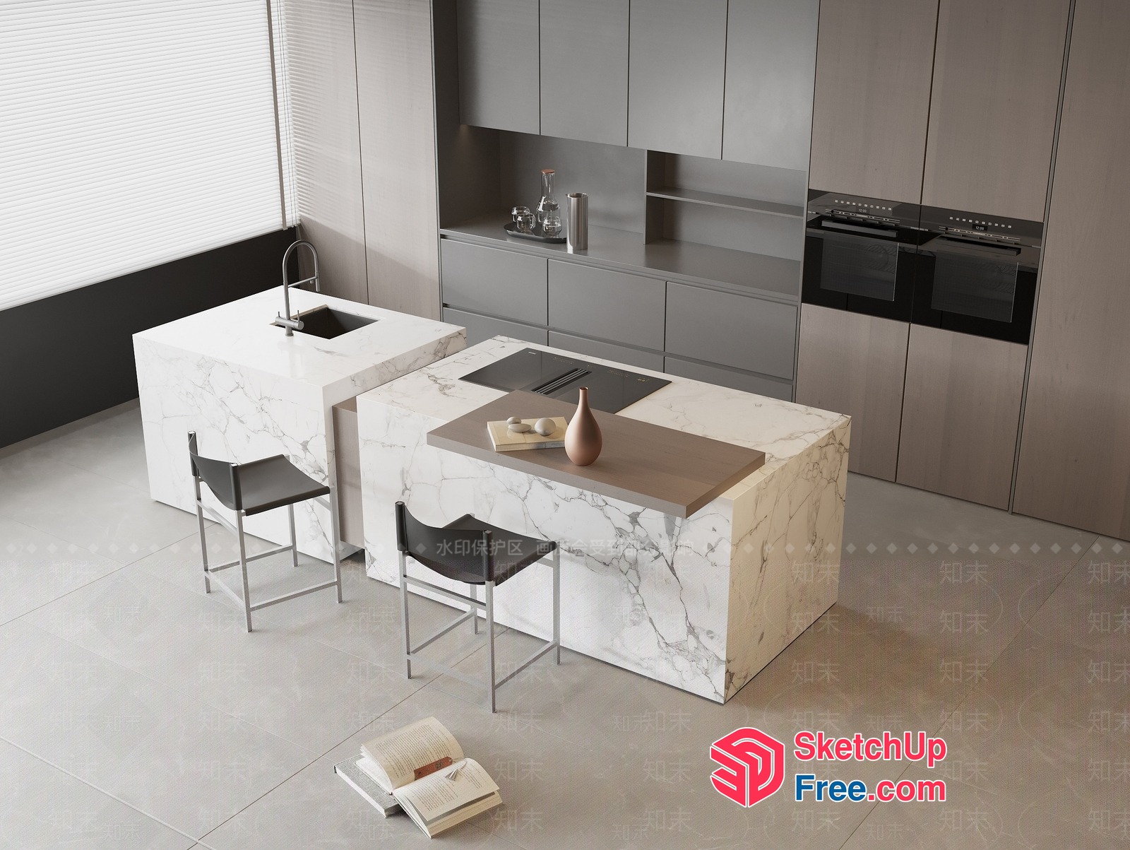 Modern Minimalist Kitchen Interior With Marble And Wood Accents 3D SketchUp File