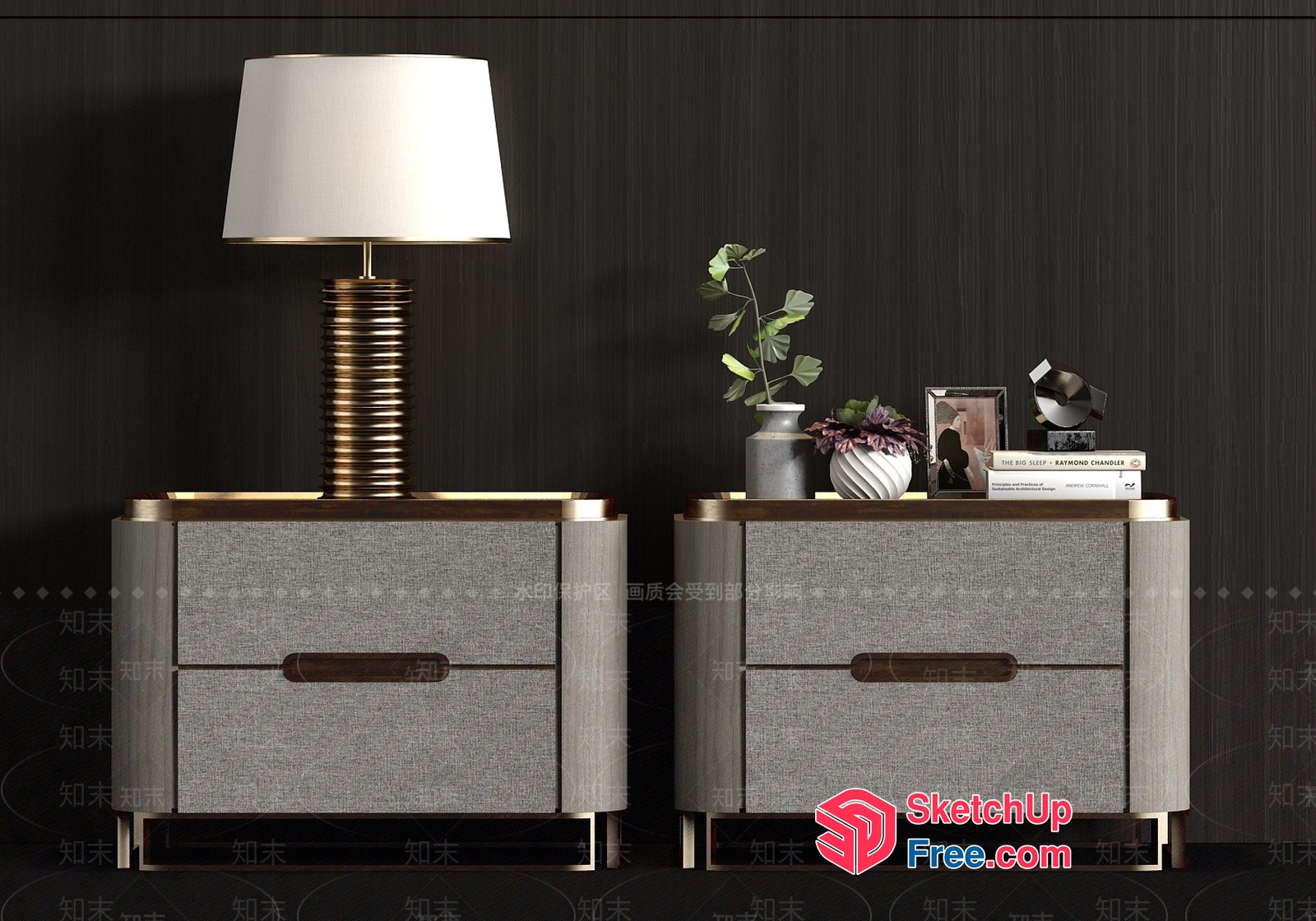 Modern Gray And Gold Nightstand Furniture Set 3D SketchUp File