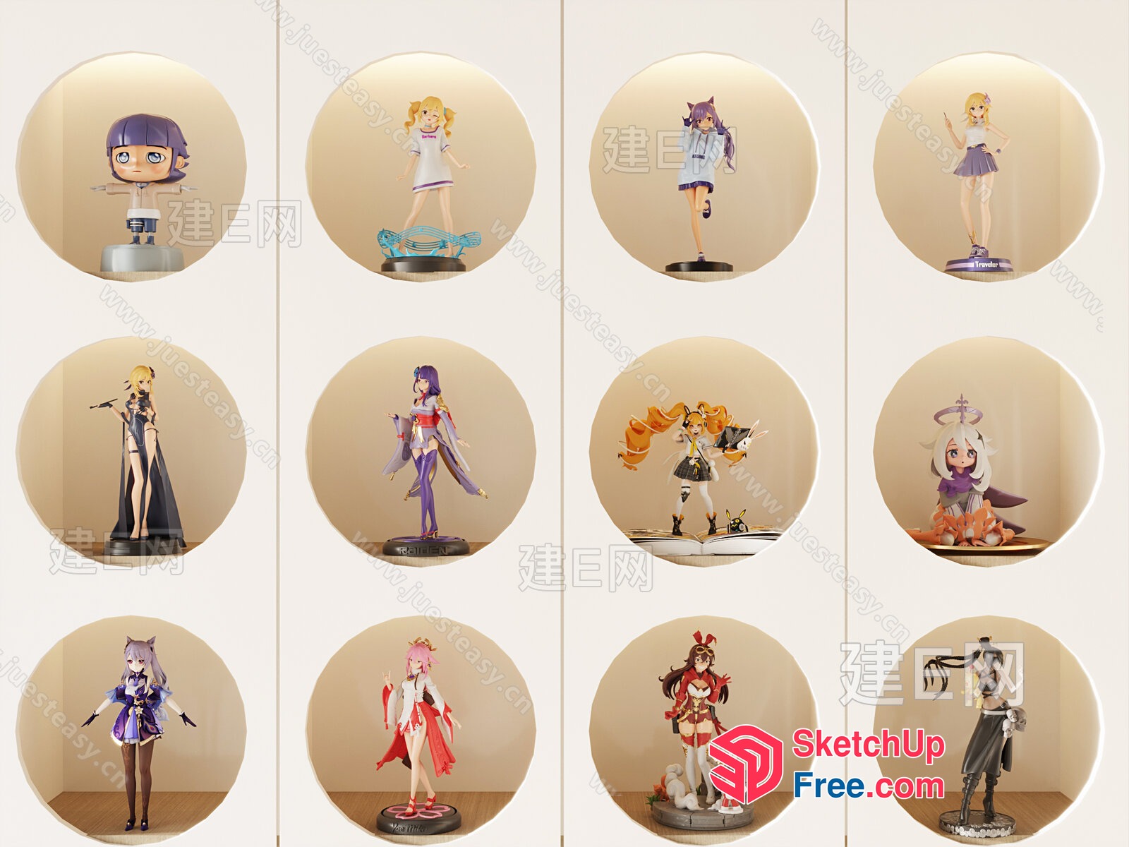 Anime Character Figurines Displayed In A Room 3D SketchUp File