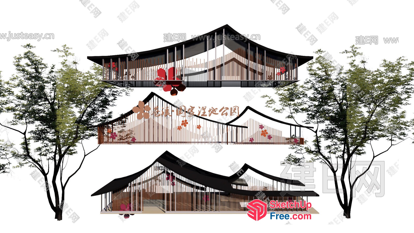 Asian Style Building Exterior With Traditional Roof Synthesis 3D SketchUp File