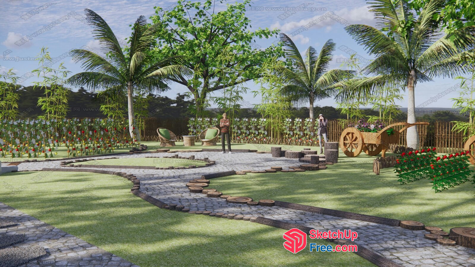 Tropical Garden Oasis With Stone Pathways And Wooden Furniture 3D SketchUp File