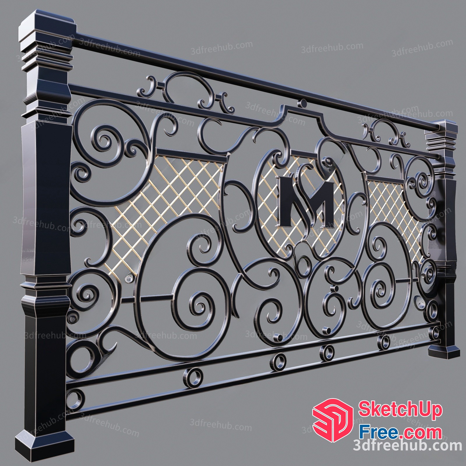Ornate Black Metal Railing With Monogram 3D SketchUp File