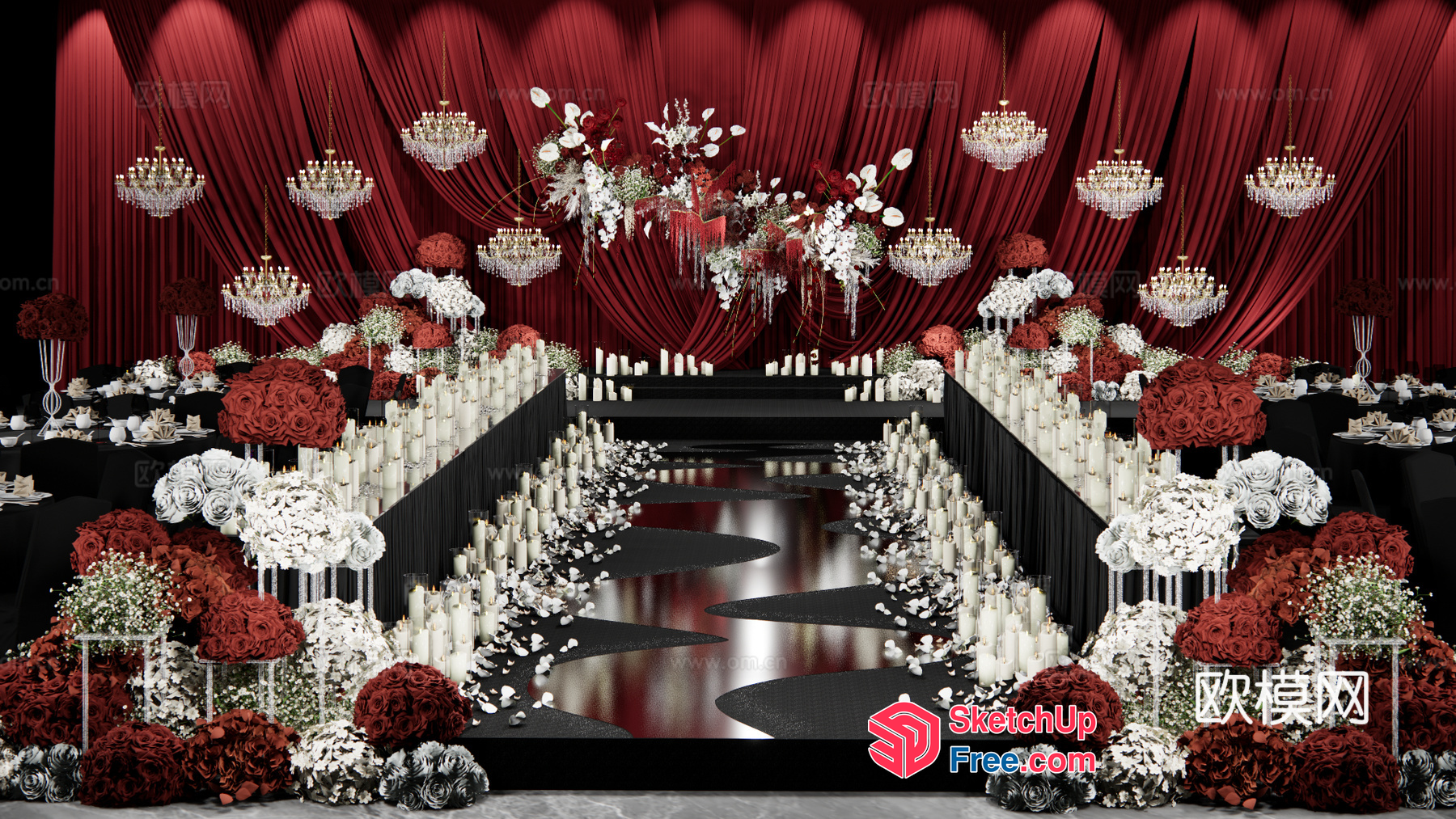 Luxurious Red And White Floral Wedding Stage 3D SketchUp File