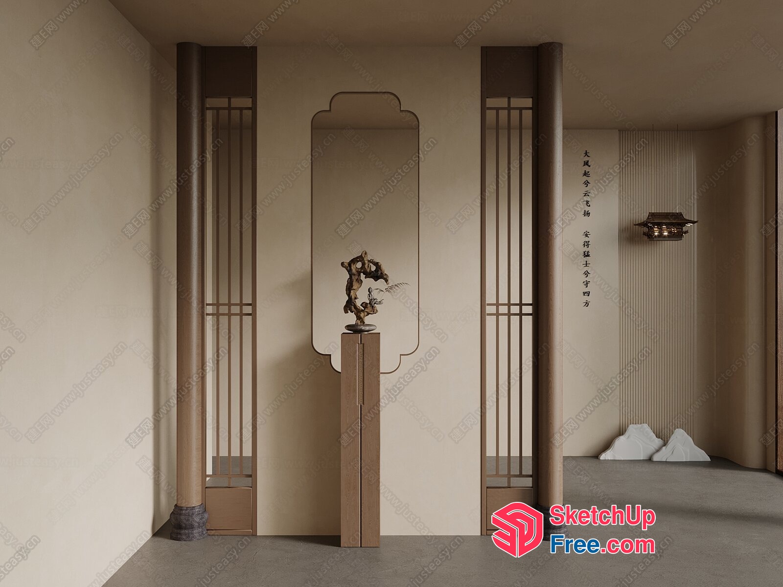 Japanese-Style Interior Decor With Pillars And Minimalist Aesthetics 3D SketchUp File