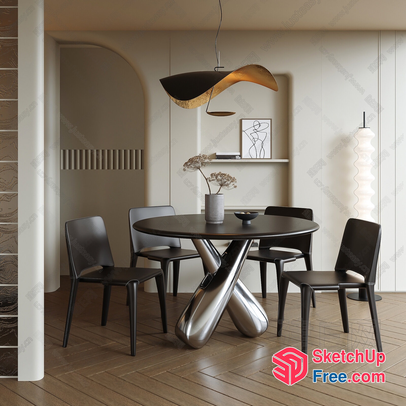 Modern Dining Room With Balloon Base Table And Sleek Chairs 3D SketchUp File
