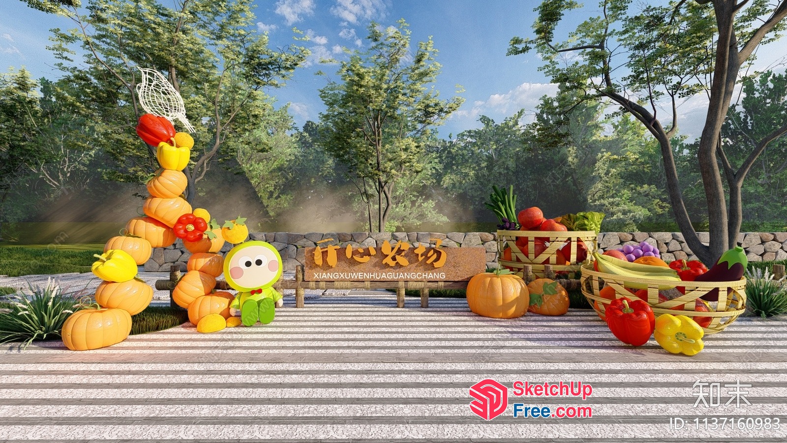 Autumn Harvest Scene With Stacked Pumpkins And Fruit 3D SketchUp File