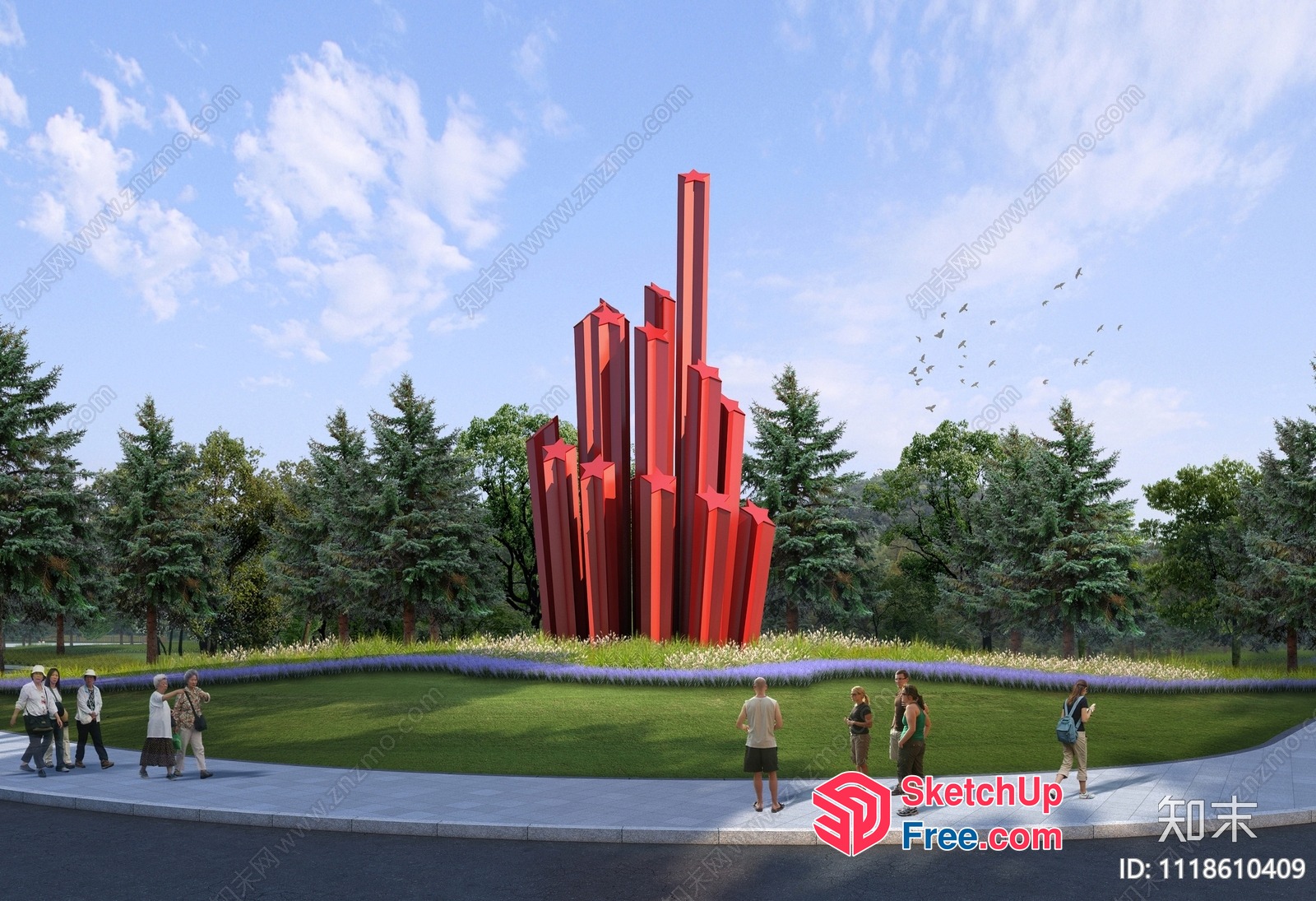 Modern Red Sculpture In A Serene Outdoor Setting 3D SketchUp File