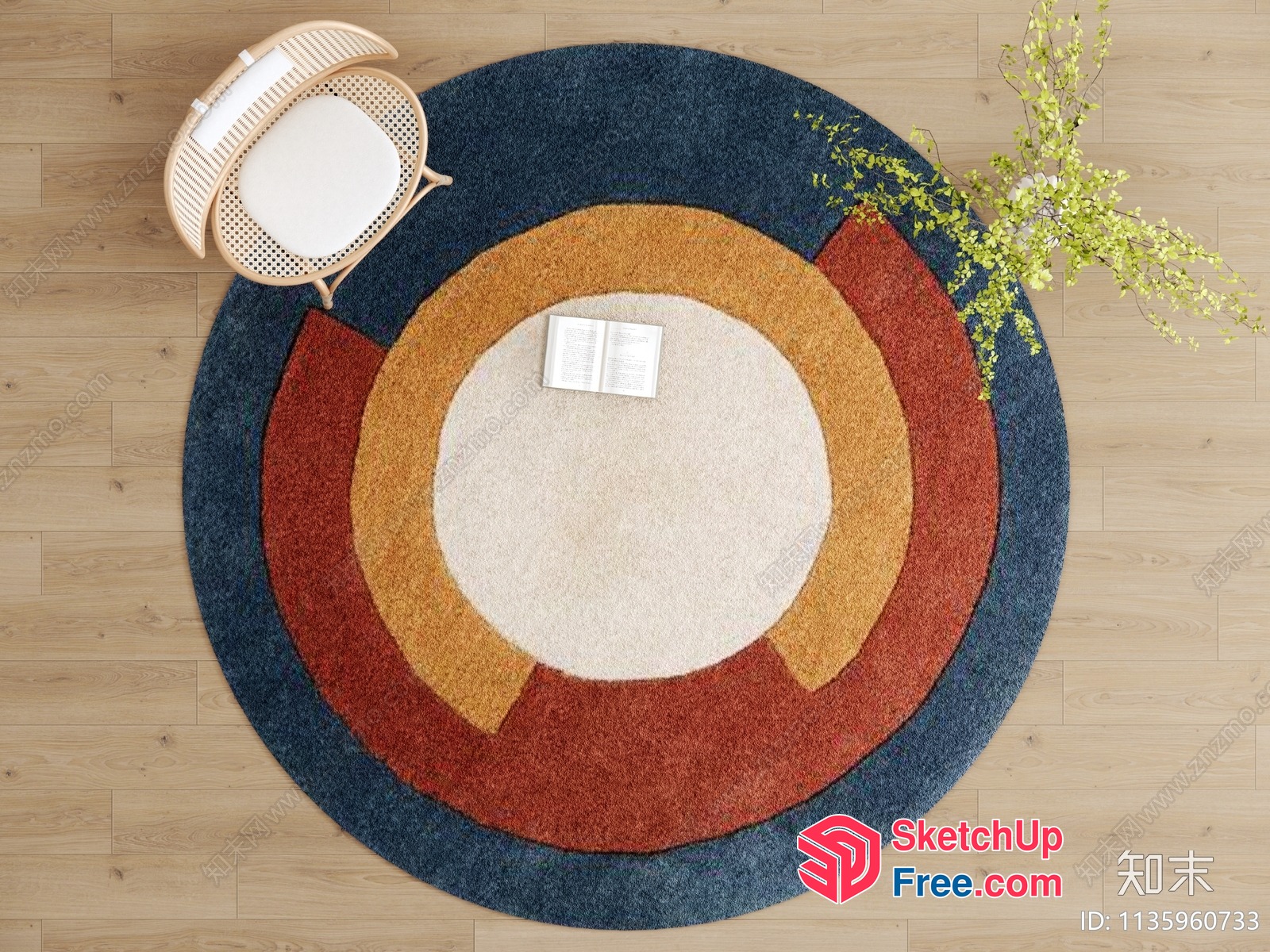 Multicolored Circular Rug With Centered Book And Chair 3D SketchUp File