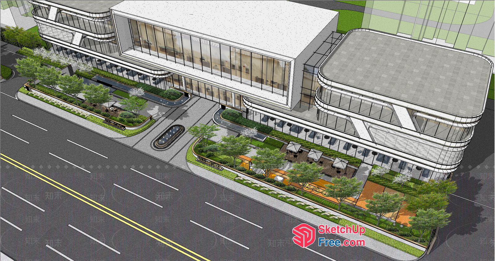 Modern Office Building With Glass Curtain Wall And Greenery 3D SketchUp File