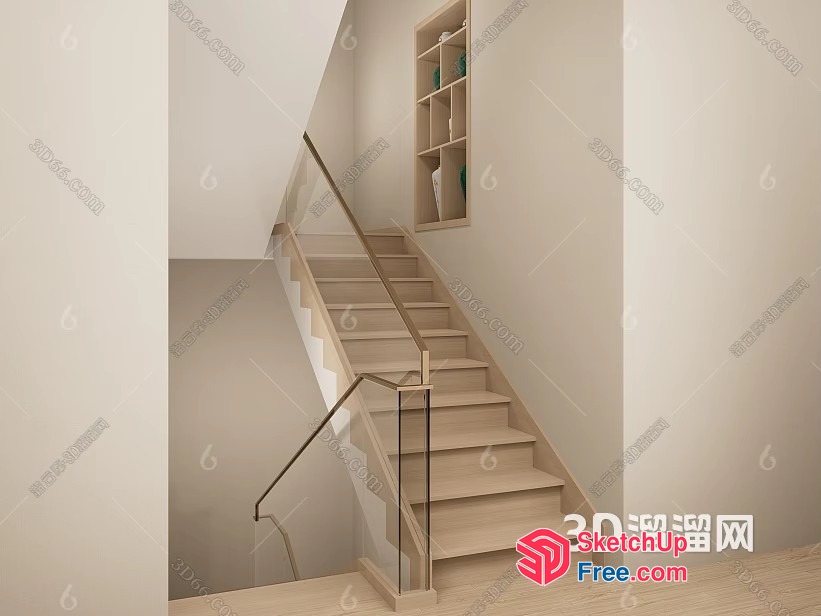 Staircase With Glass Railing And Wooden Steps 3D SketchUp File