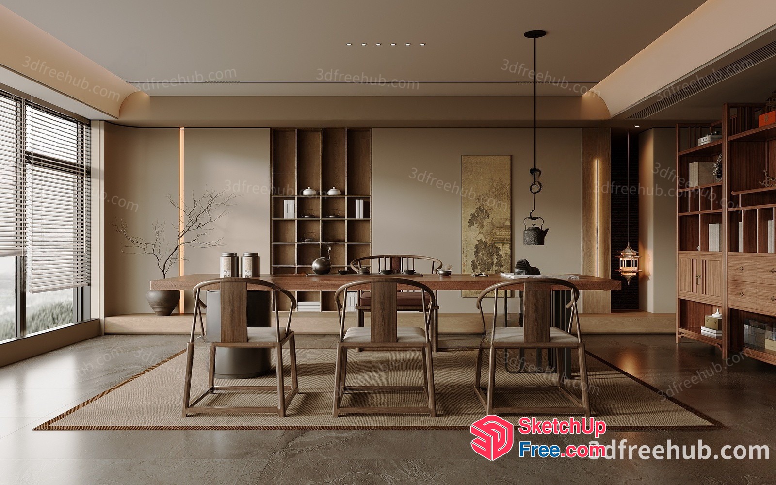 Modern Japanese-Style Dining Room With Natural Wood Accents 3D SketchUp File