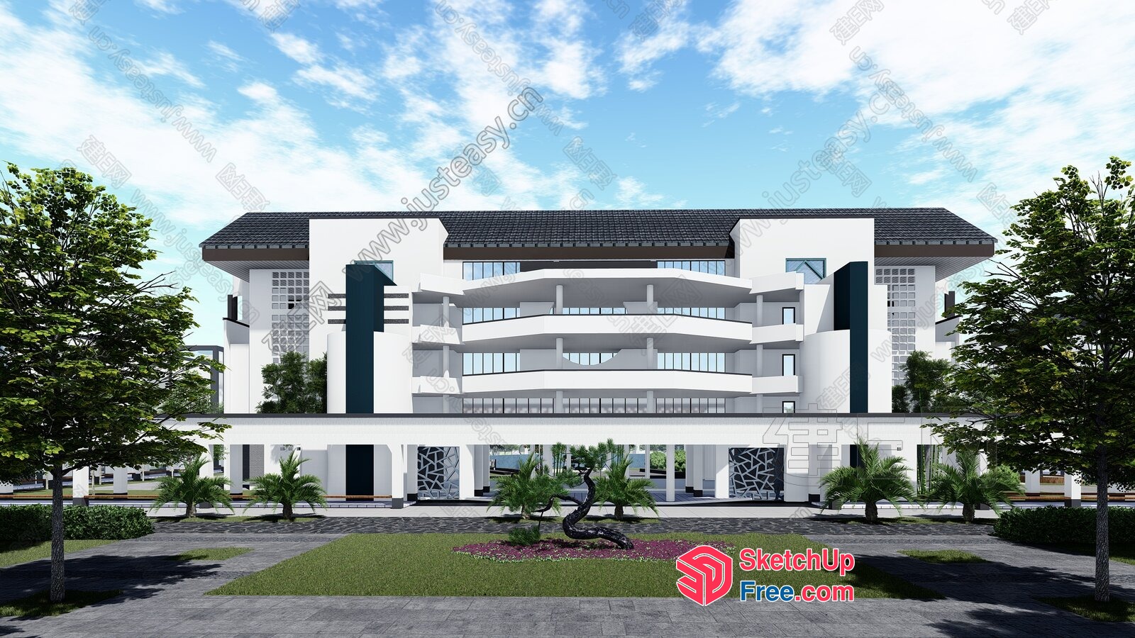 Exterior View Of A Modern White Building With A Gray Roof And Balconies 3D SketchUp File