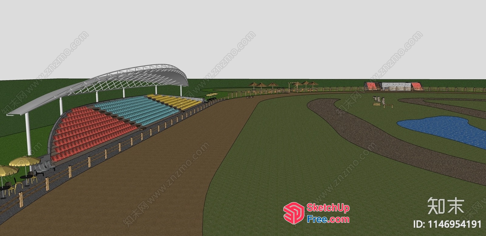 Stadium Seating Area With Roof And Umbrellas 3D SketchUp File