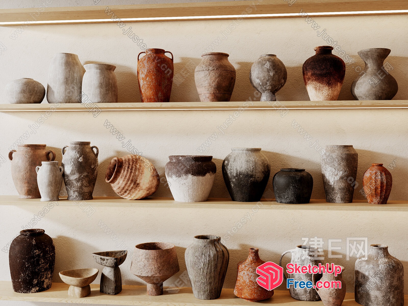 Antique Clay Pots And Jugs On Wooden Shelves 3D SketchUp File