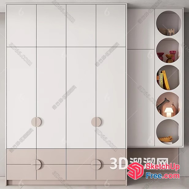 White And Brown Wardrobe And Shelf With Decorative Items 3D SketchUp File