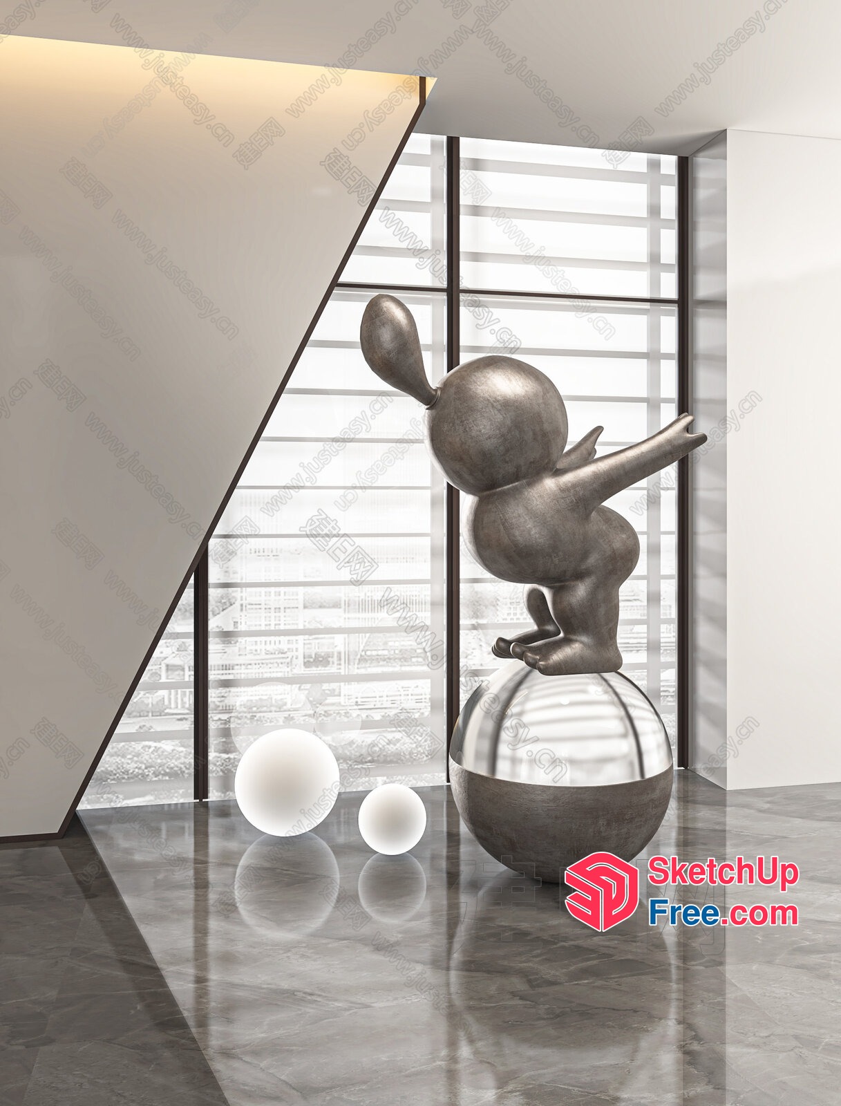Silver Sculpture Of A Rabbit On A Sphere In A Modern Room 3D SketchUp File