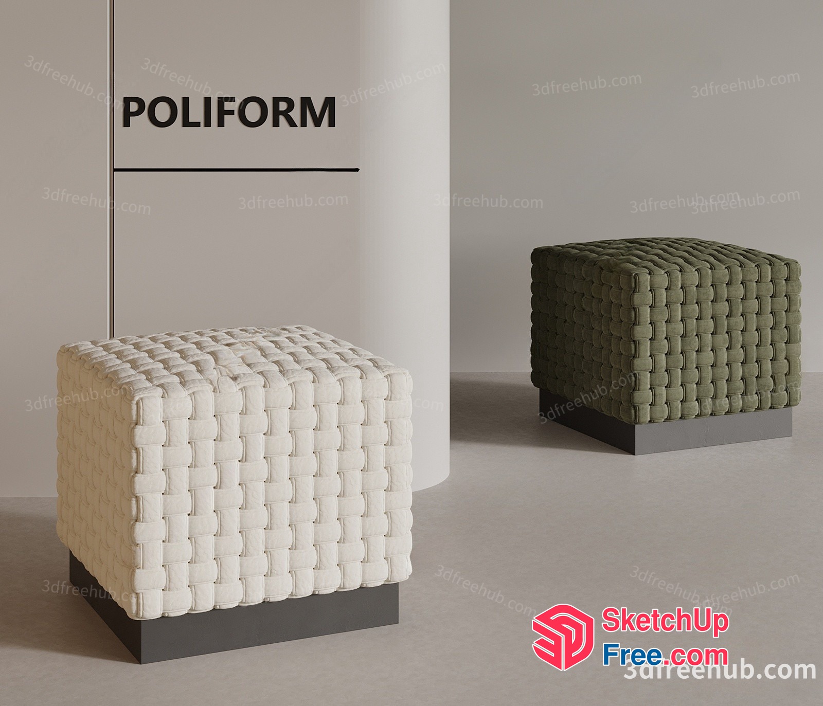 White And Green Upholstered Cube Stools 3D SketchUp File