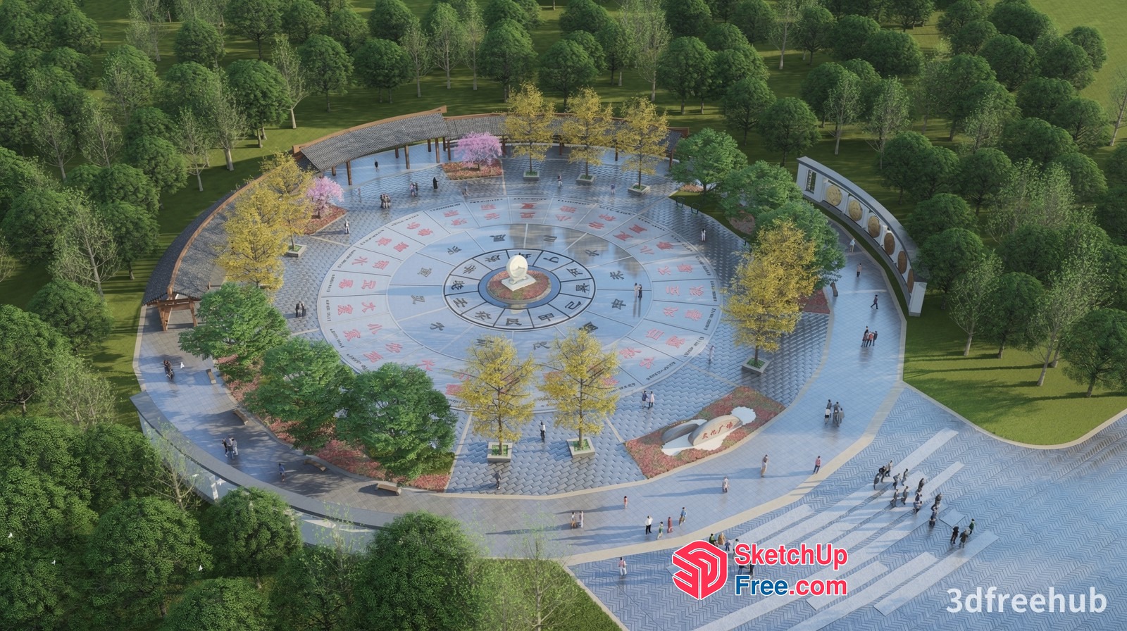Circular Plaza With Central Fountain And Decorative Design 3D SketchUp File