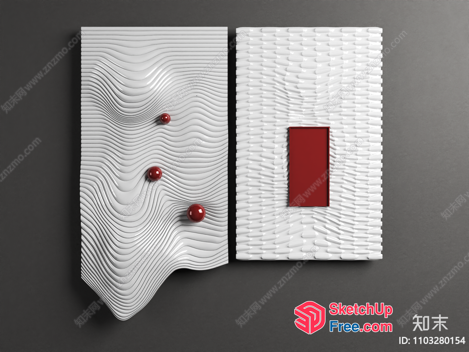 Modern 3D Artwork With Textured White Panels And Red Accents 3D SketchUp File