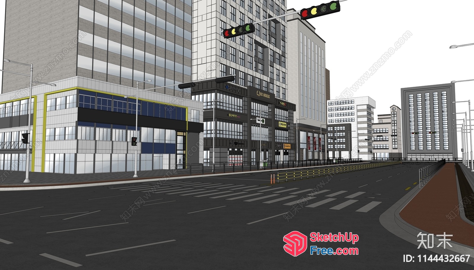 Commercial Street With Glass Curtain Wall And Modern Architecture 3D SketchUp File