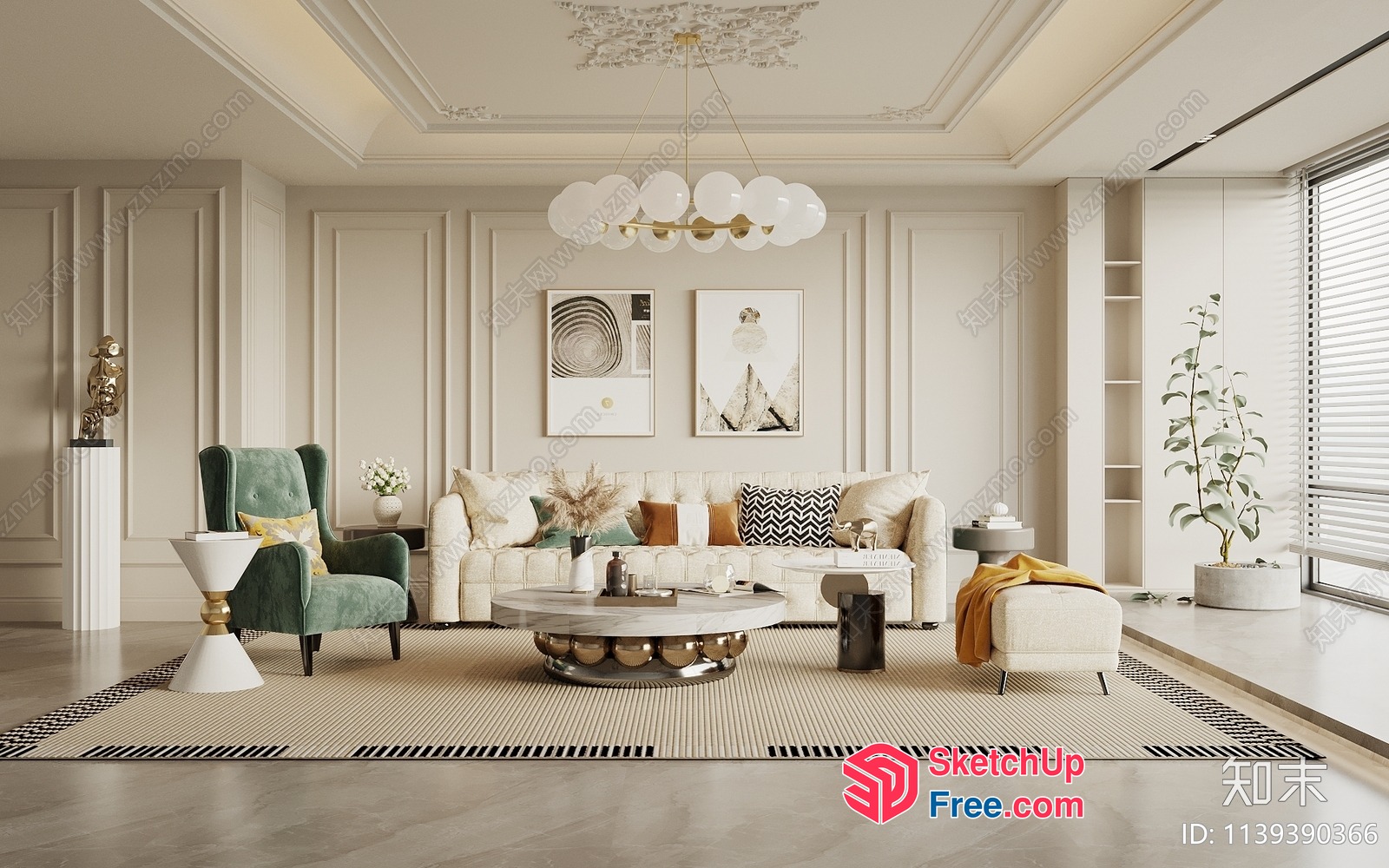 Elegant Creamy Style Living Room With Modern Furniture 3D SketchUp File