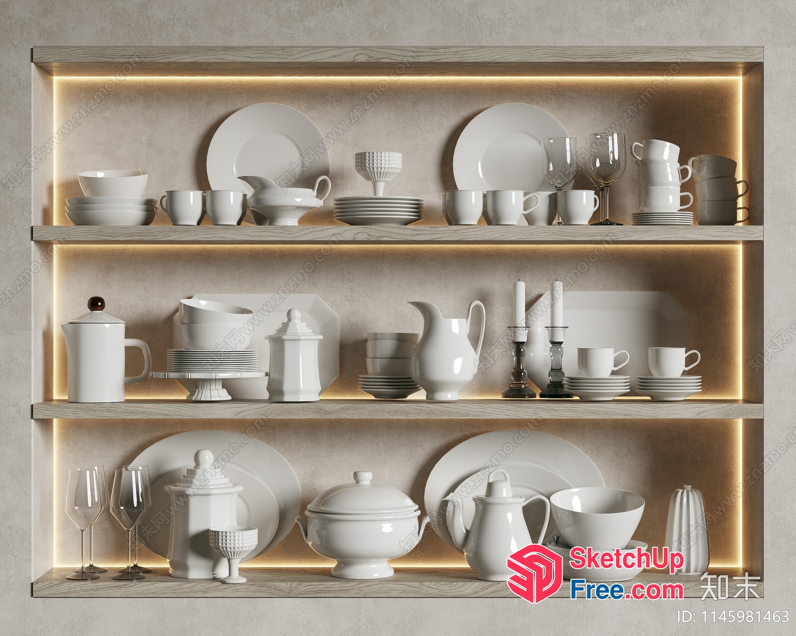 White Dinnerware On Lighted Wooden Shelves 3D SketchUp File