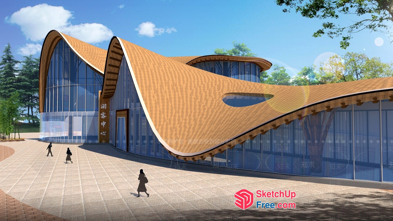 Curved Wooden Exterior Building With Glass Windows 3D SketchUp File