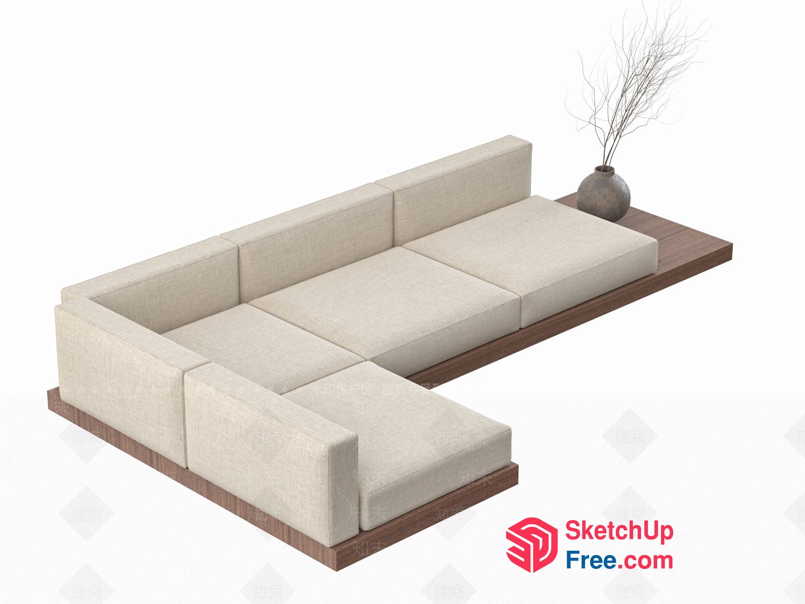 Minimalist Japanese Style L-Shaped Sofa With Wooden Base 3D SketchUp File