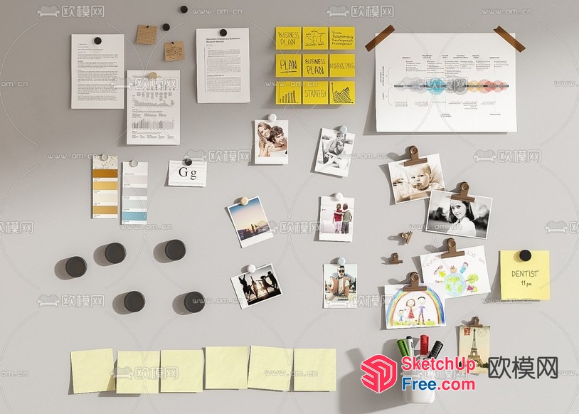 A Collection Of Post-It Notes And Photos On A Wall 3D SketchUp File