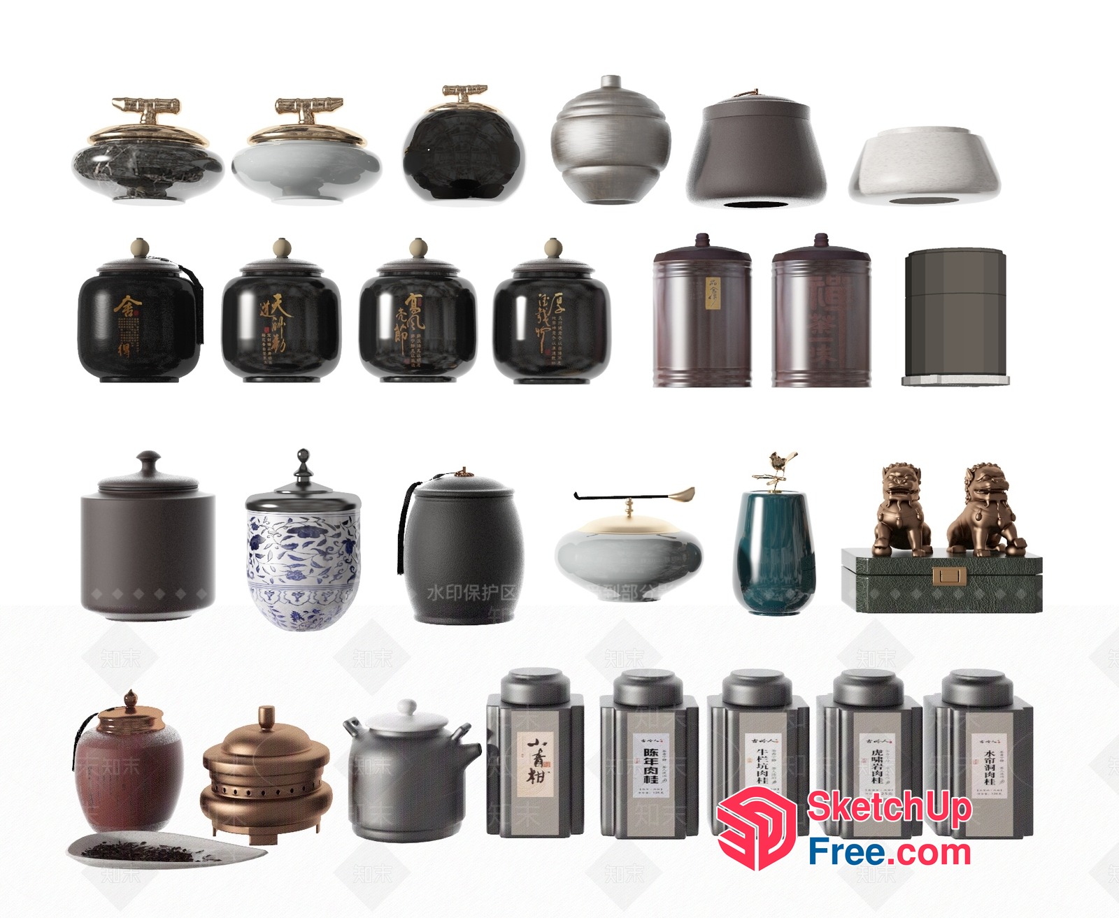 Asian-Inspired Tea Sets And Storage Containers 3D SketchUp File