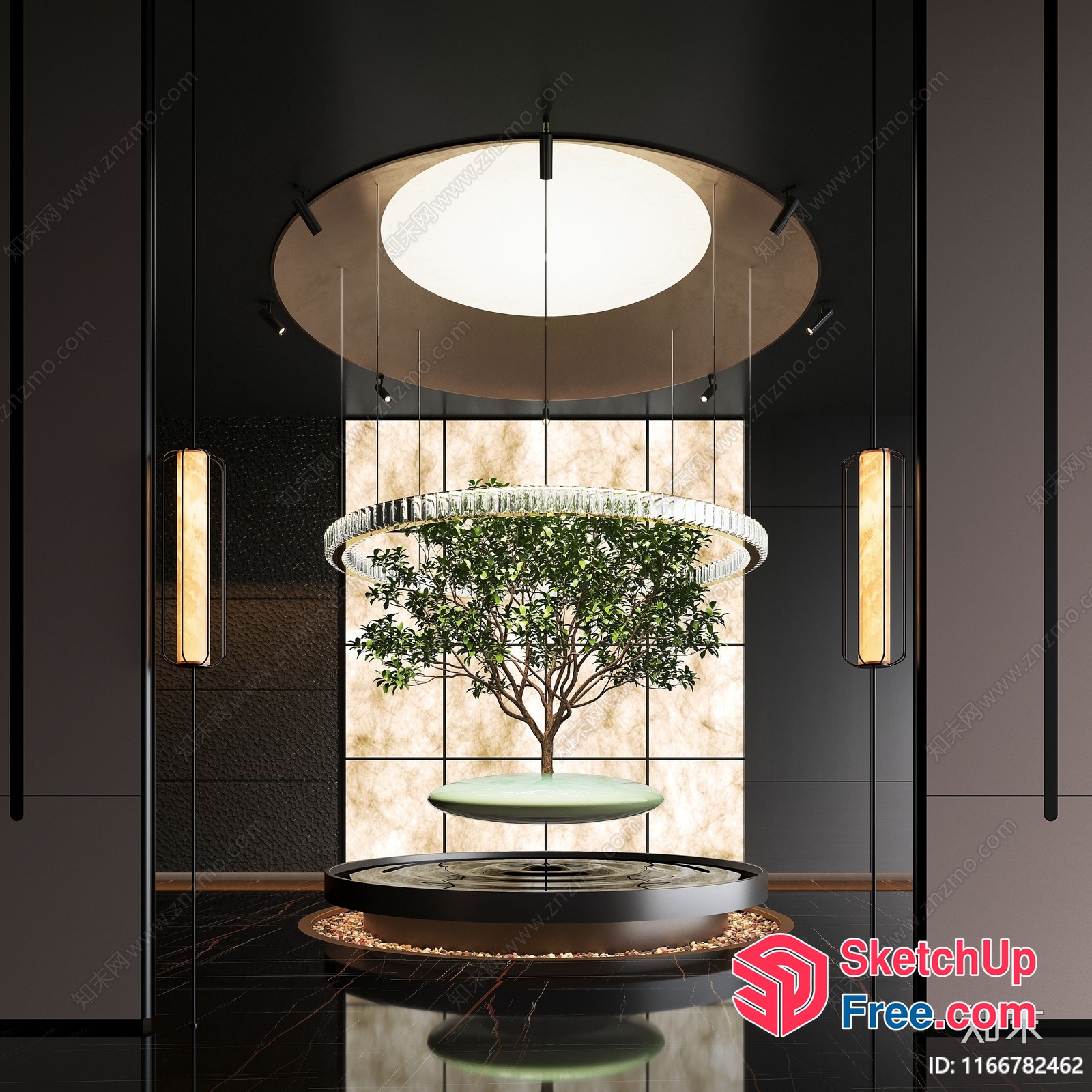Elegant Modern Interior With Tree And Chandelier 3D SketchUp File