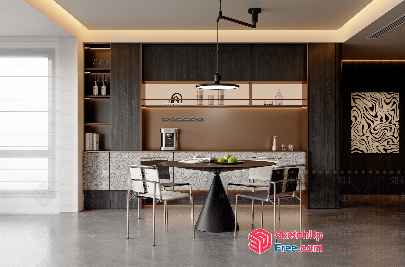 Modern Dining Room With Dark Wood Accents And Marble Backsplash 3D SketchUp File