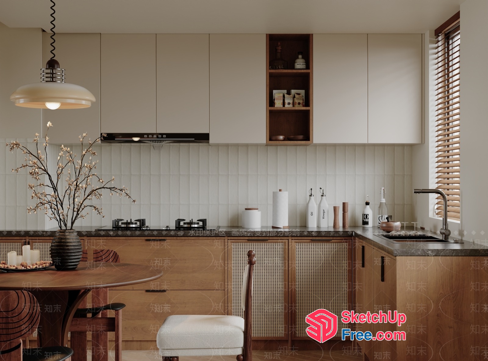 Modern Kitchen With Wooden Cabinets And White Tiles 3D SketchUp File