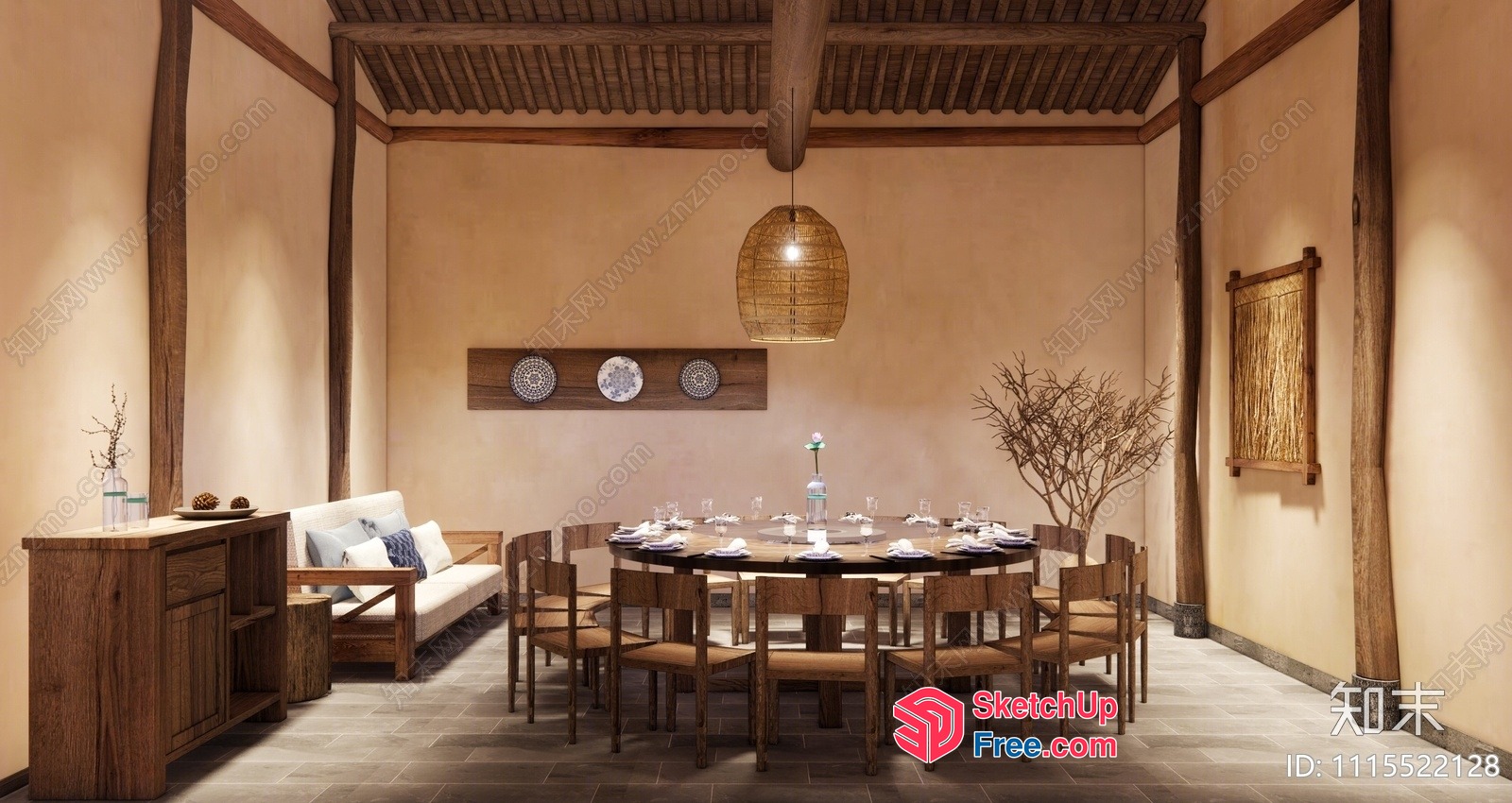 Elegant Dining Room With Natural Wood Accents And Cozy Seating 3D SketchUp File