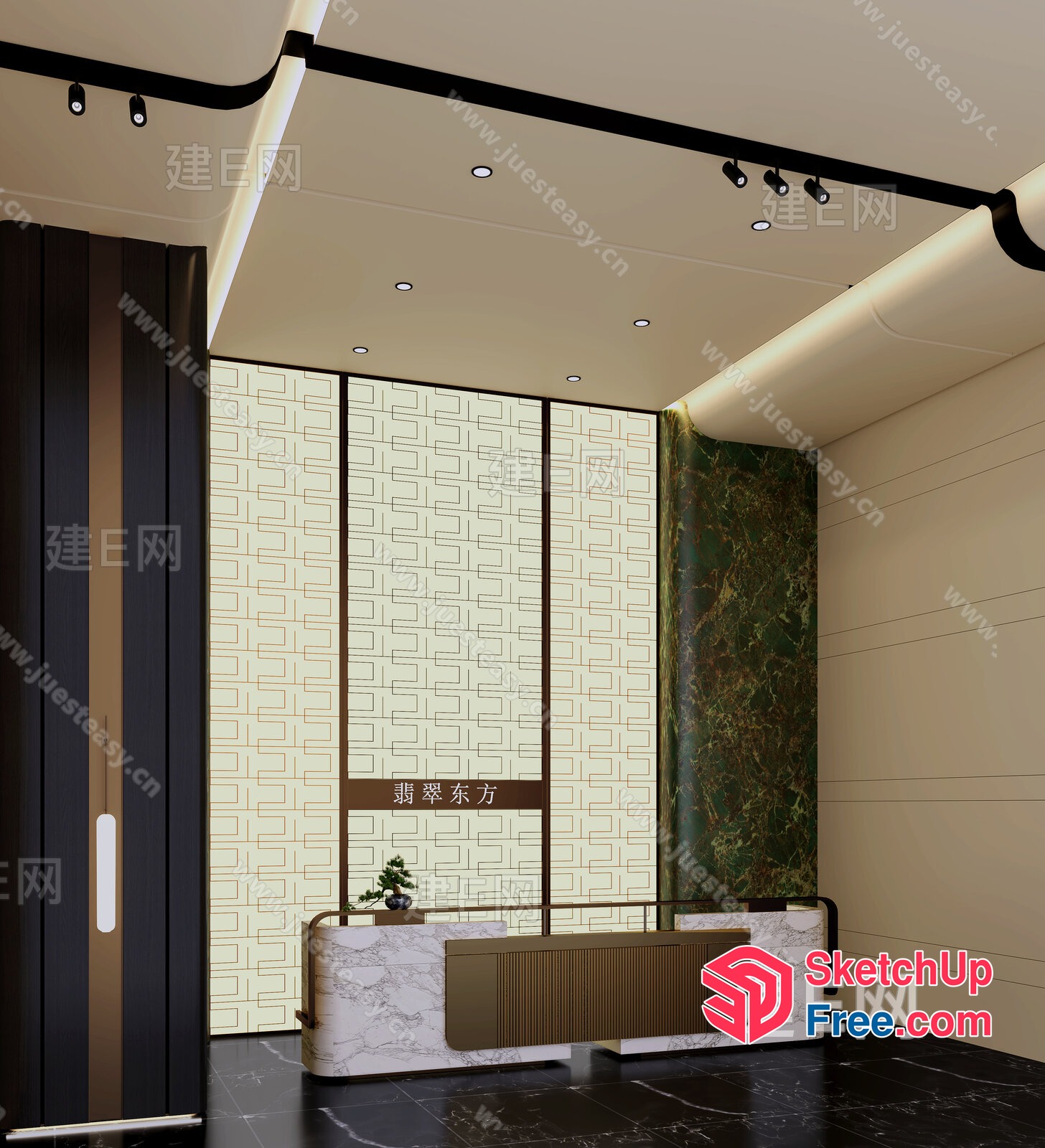 Elegant Modern Office Interior With Glass Curtain Wall And Marble Accents 3D SketchUp File