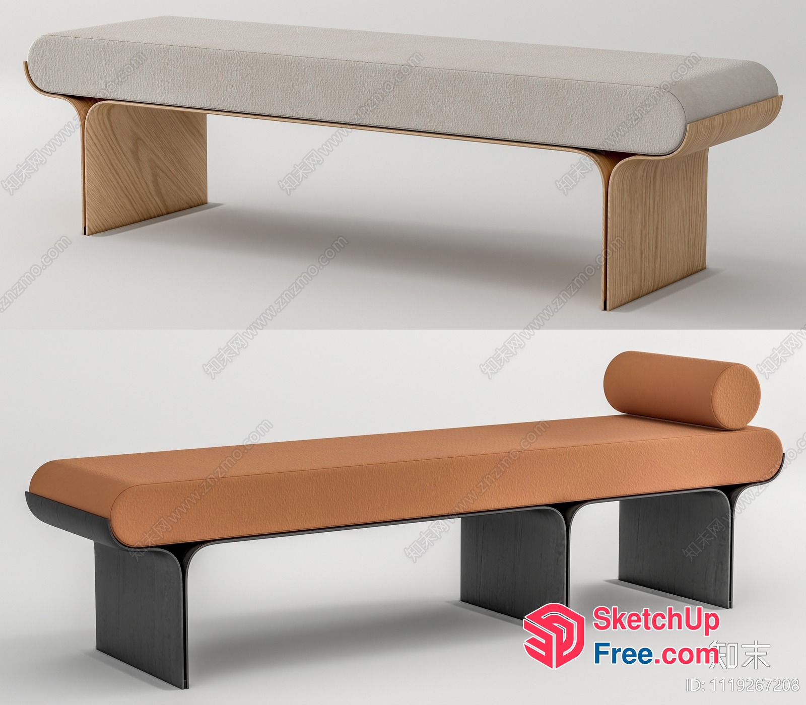 Modern Bench With Curved Wooden Legs And Cushion 3D SketchUp File