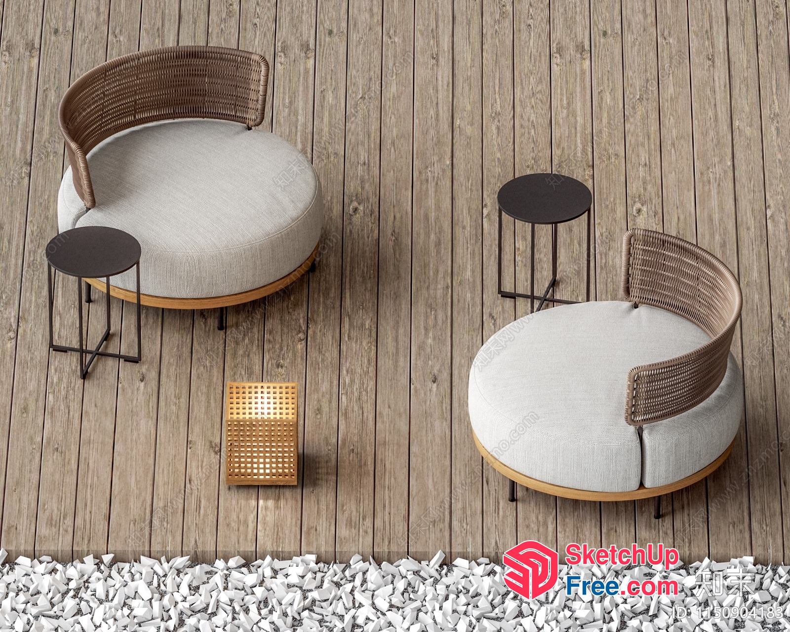 Outdoor Seating Area With Round Cushioned Benches And Tables 3D SketchUp File