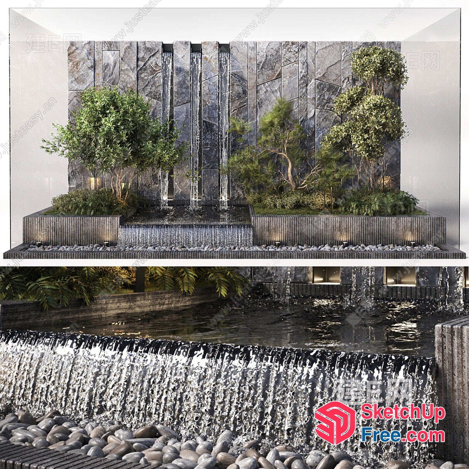 Modern Waterfall Feature With Natural Stone And Greenery 3D SketchUp File
