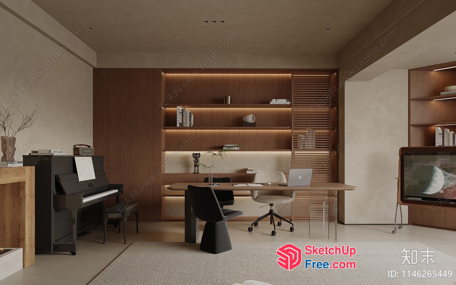 Modern Office Space With Piano And Bookcase 3D SketchUp File