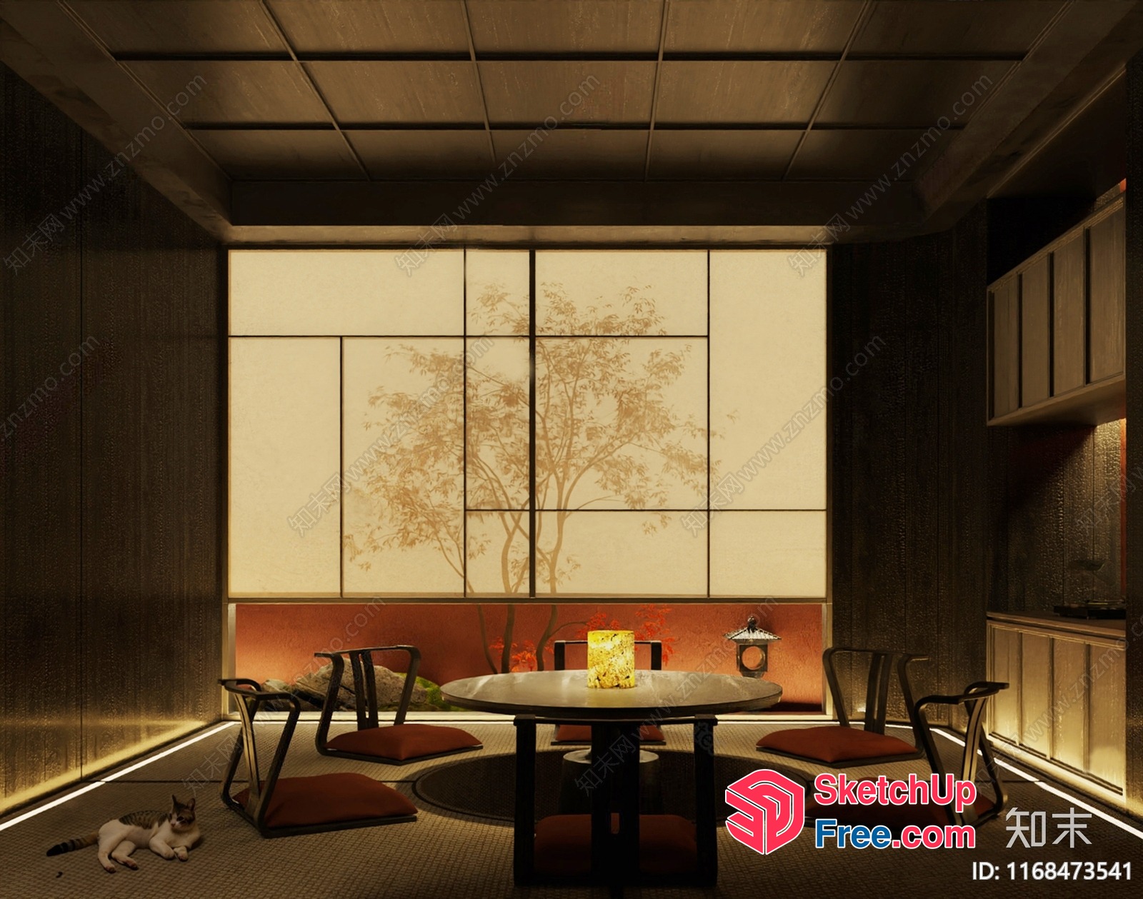Elegant Japanese Style Interior With A Cat 3D SketchUp File