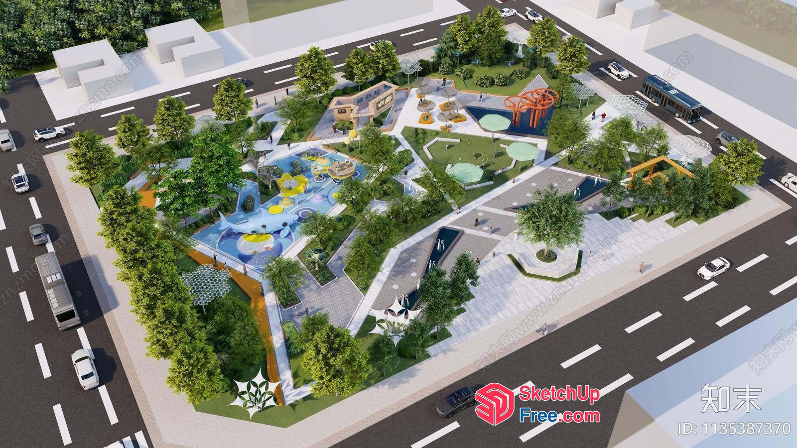 Modern Commercial Street With A Vibrant Playground 3D SketchUp File