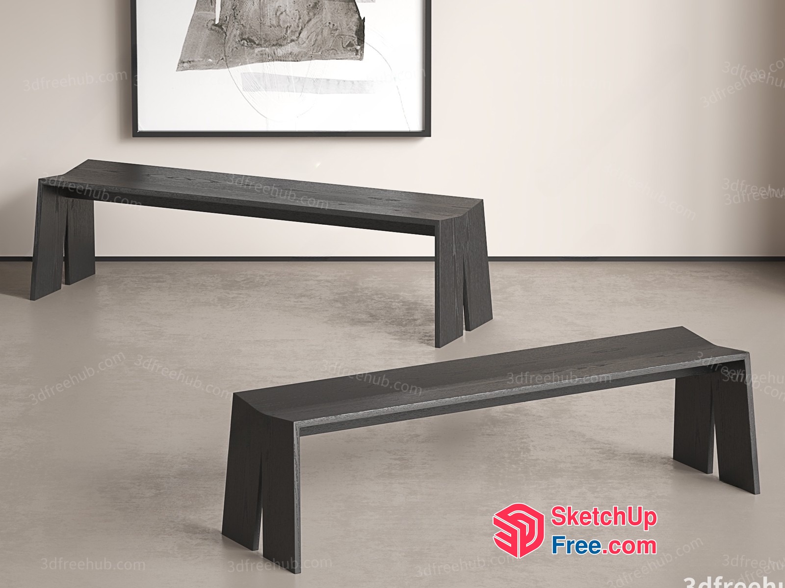 Two Dark Grey Wooden Benches In A Minimalist Room 3D SketchUp File