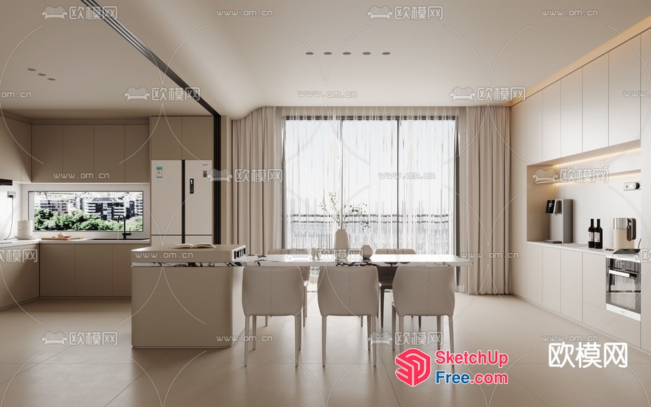 Modern Minimalist Kitchen And Dining Room 3D SketchUp File