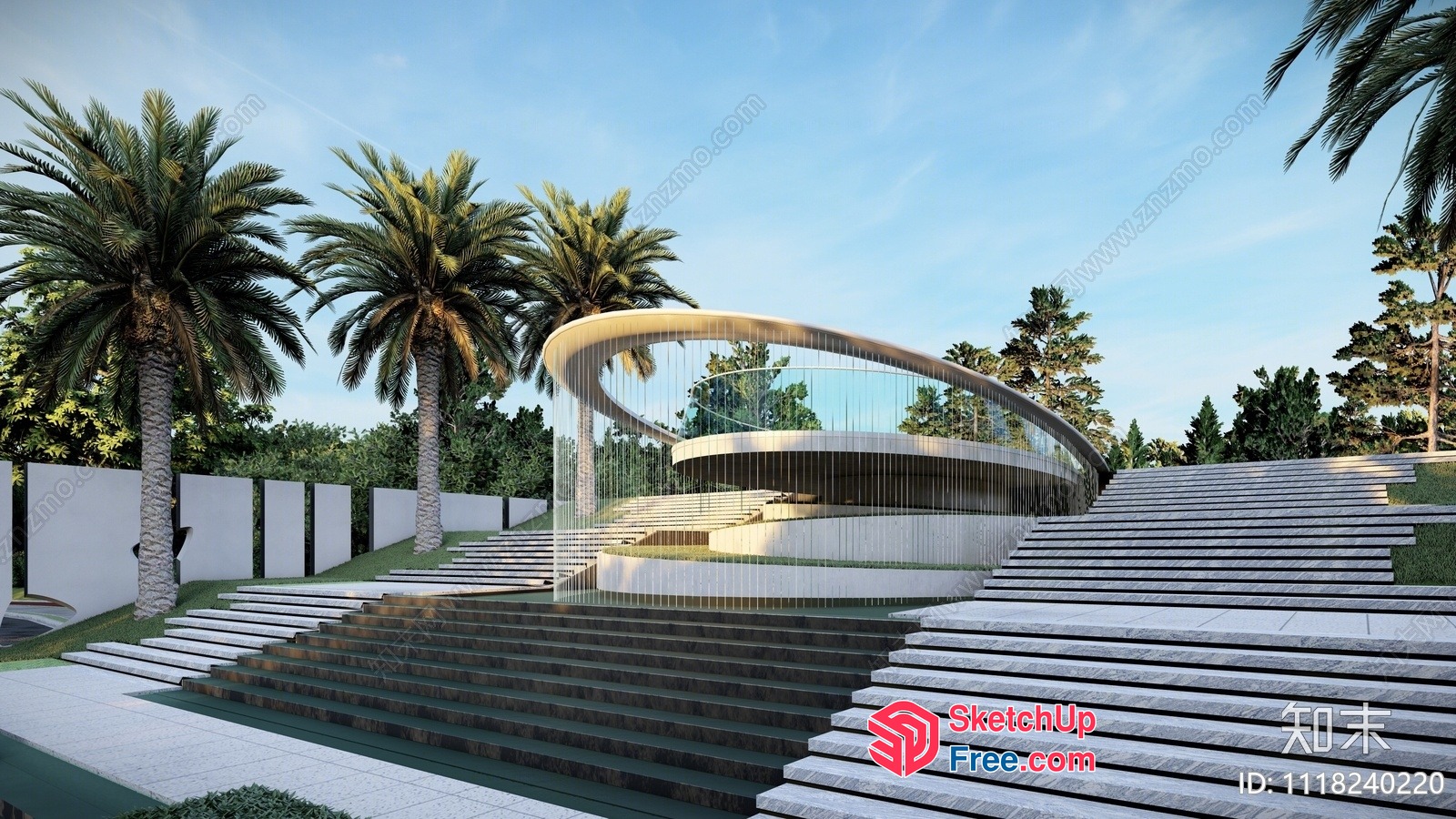 Modern Staircase Design With Glass Railing And Palm Trees 3D SketchUp File