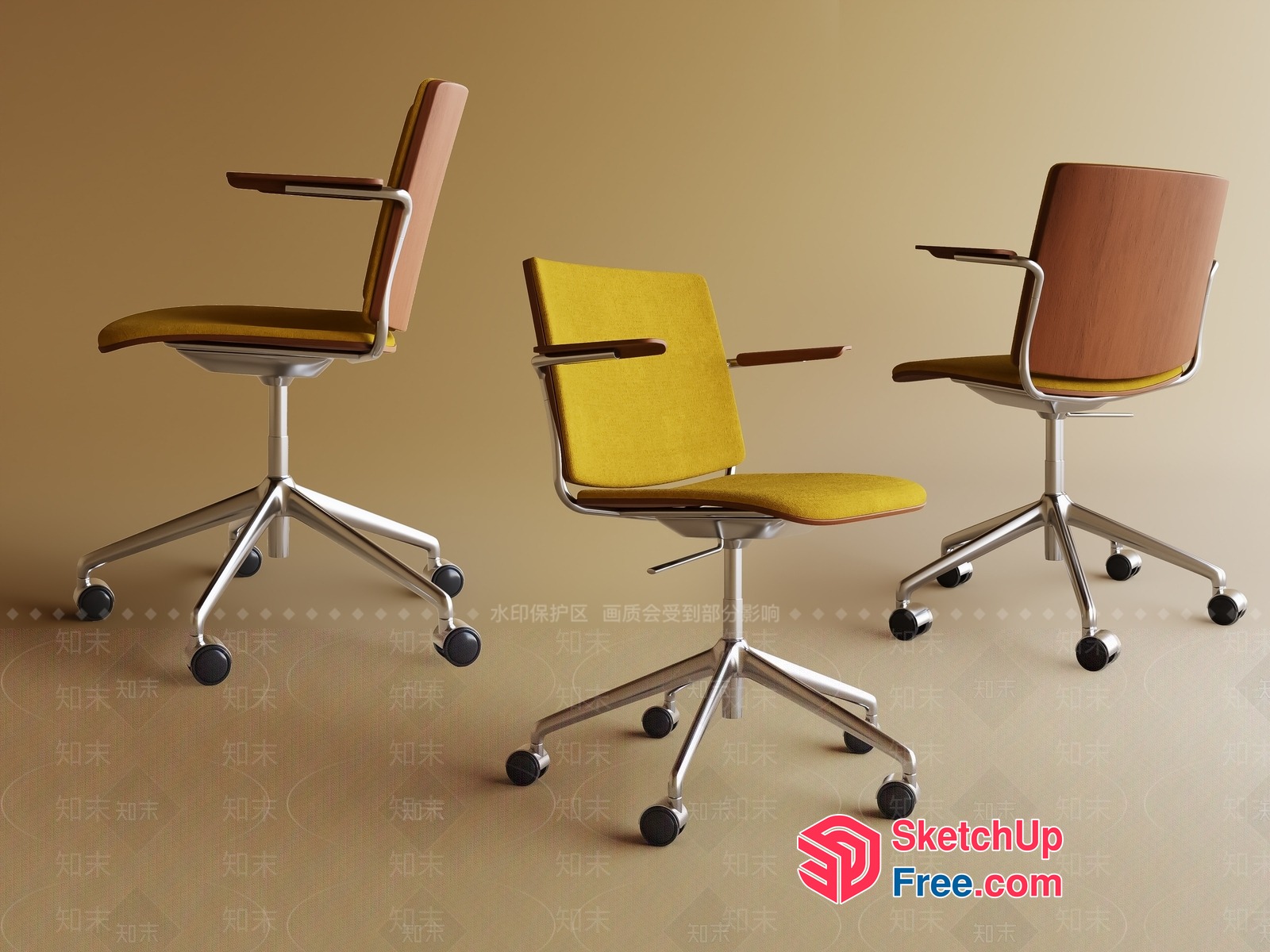 Yellow And Brown Office Chairs With Wheels 3D SketchUp File