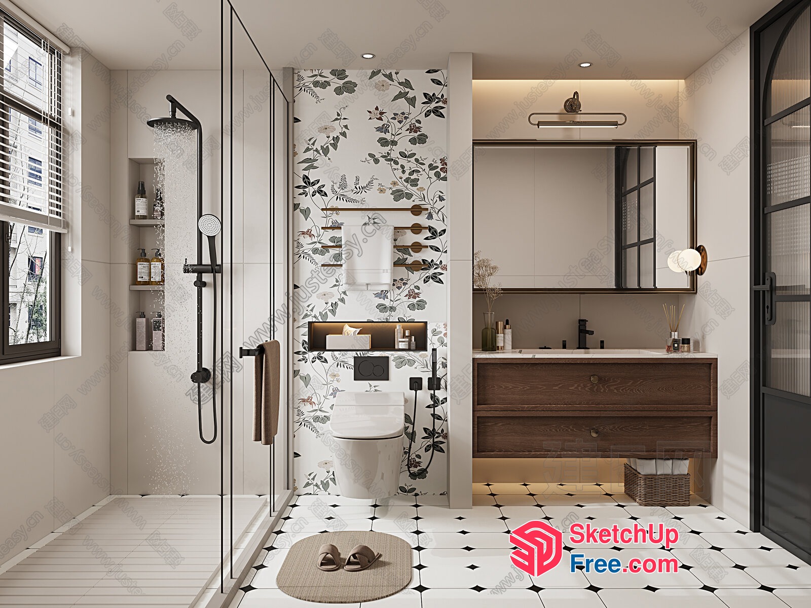 Modern Bathroom Decor With Floral Accents And Natural Wood 3D SketchUp File
