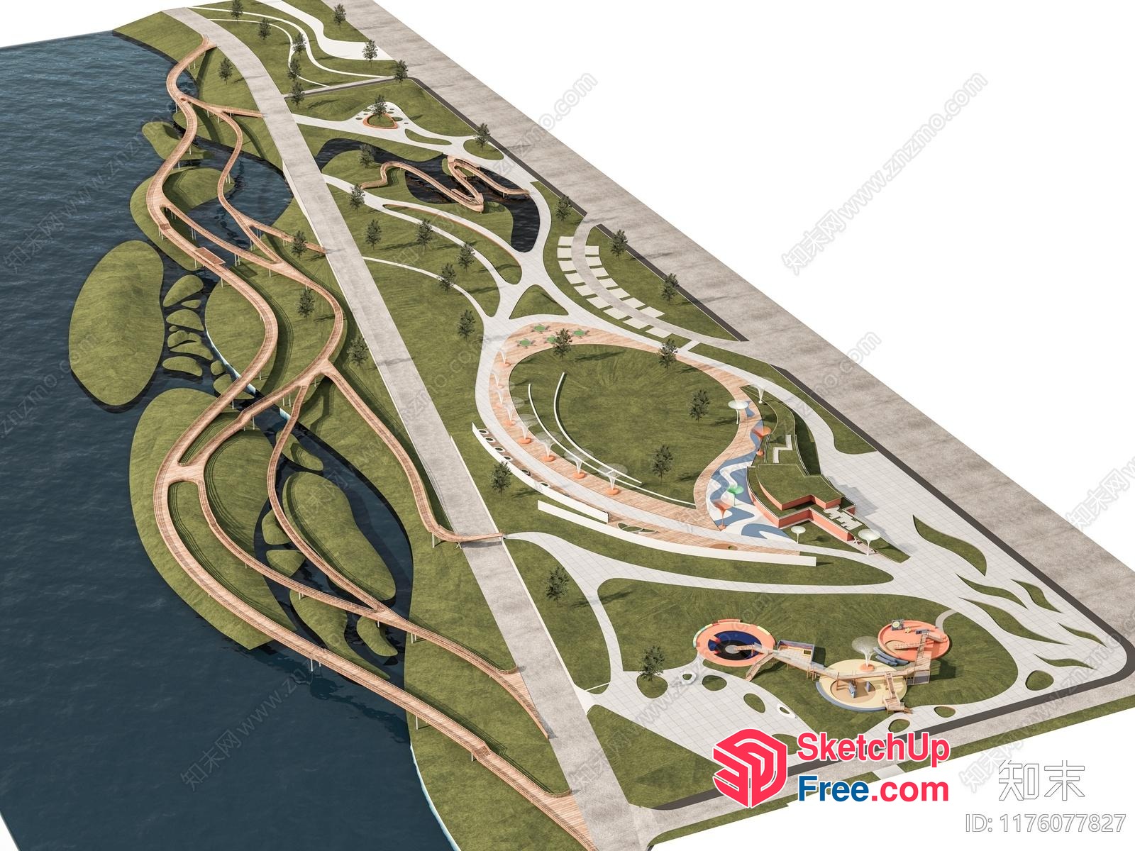 Aerial View Of A Modern Park With A Lake And Walking Paths 3D SketchUp File