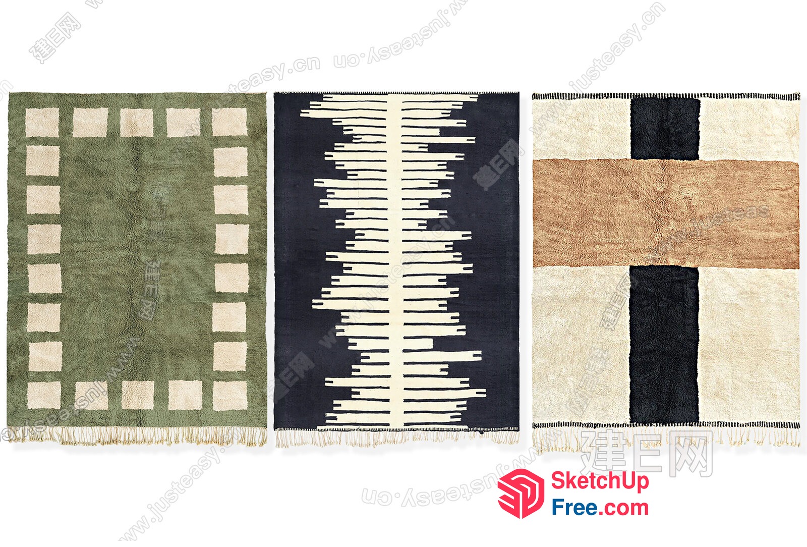 Geometric Patterns On Green, Black, And Tan Rugs 3D SketchUp File